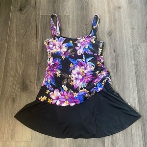 One piece swimsuit skirt attached size L black -purple and blue flowers
